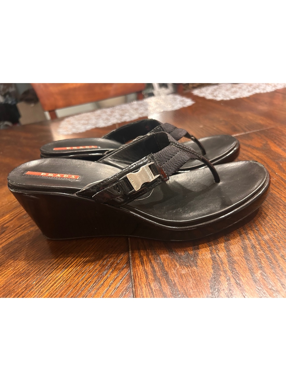 Prada Black Wedge Thong Sandals with Buckle Detail